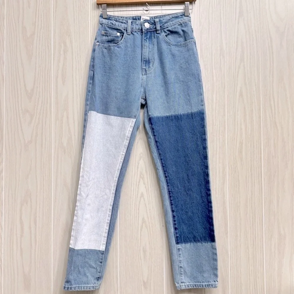 PRINCESS POLLY Cofield Mom Jeans Colorblock Patch High Waist Straight Leg Size 2